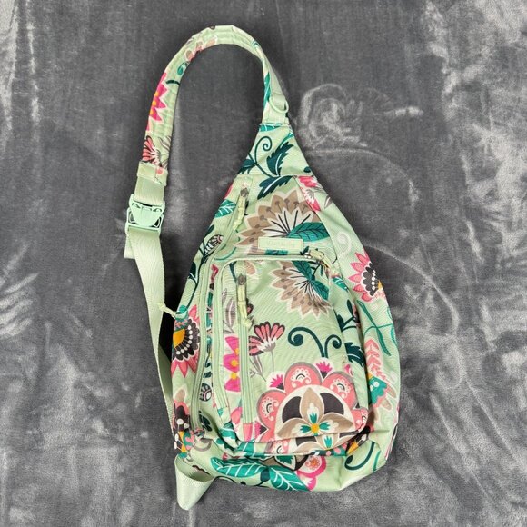 Vera Bradley Essential Lighten Up Sling Backpack Mint Flowers Green Pink Floral - Picture 1 of 9